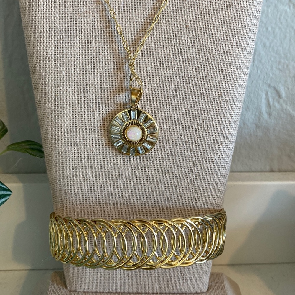 Opal Rhinestone Gold Necklace and Coil Bangle Bracelet #105